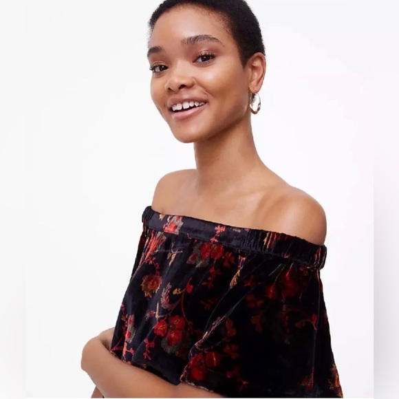 LOFT VELVET FLORAL OFF THE SHOULDER SHORT SLEEVE TOP SIZE XS PETITE BLACK/RED - Picture 3 of 16